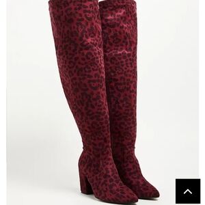 🆕 SIZE 8WW LEOPARD FAUX SUEDE STRETCH OVER THE KNEE BOOT -BURGUNDY